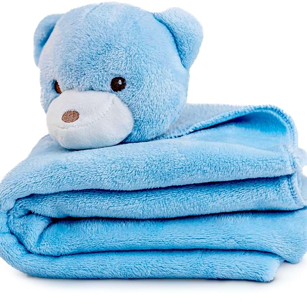 Baby Blanket Blue Bear Very Soft With Animal Head